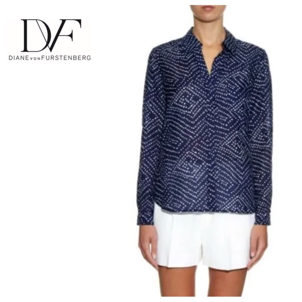 DIANE VON FURSTENBERG PRINTED SILK BUTTON DOWN SHIRT SIZE 2